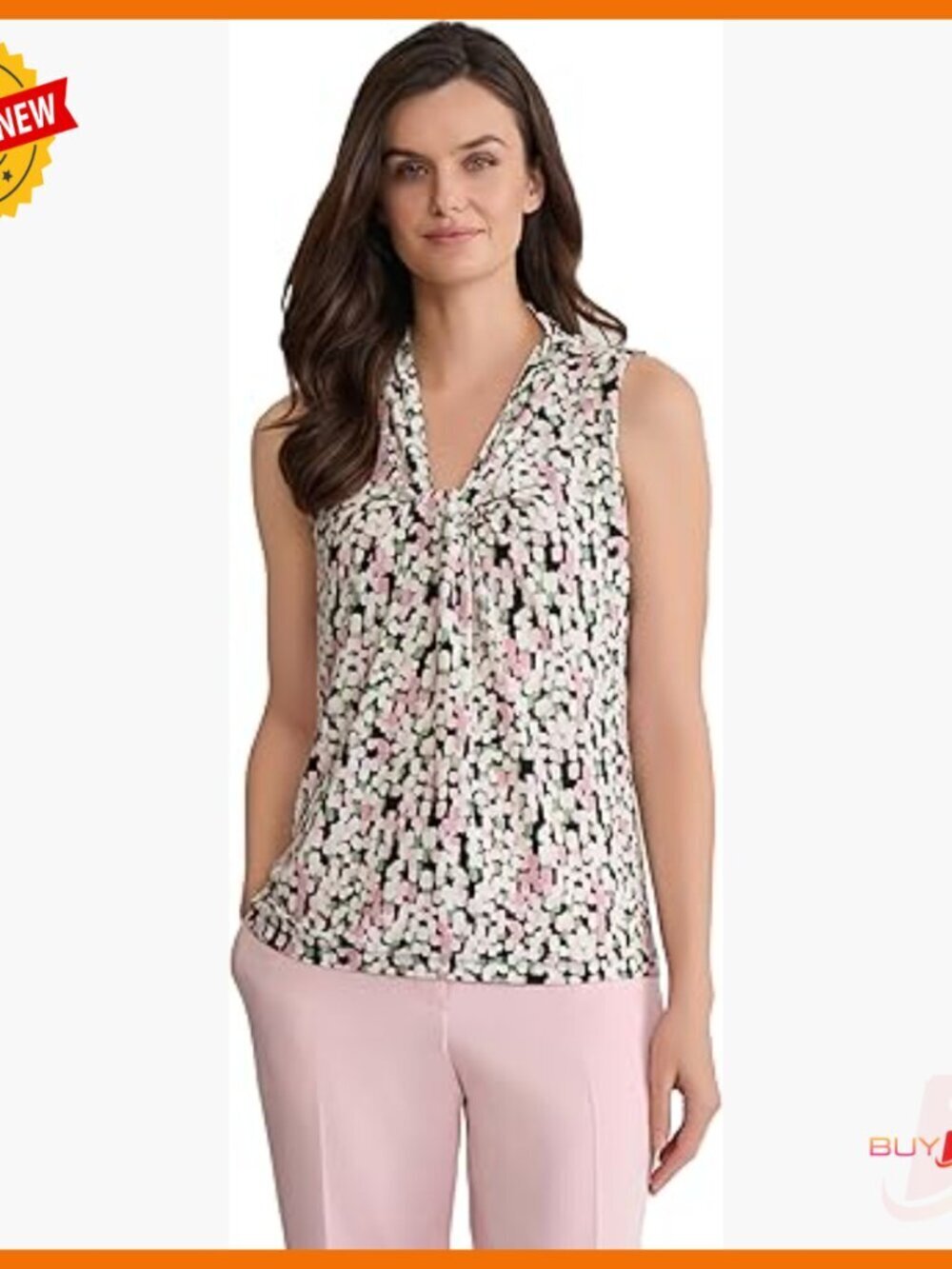 Sleeveless Printed Knot-Front Top, V-Neck, Floral Pattern, Workwear